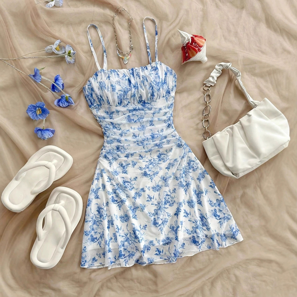 Sexy Floral Spaghetti Strap Summer Beach Dress Waist Tie